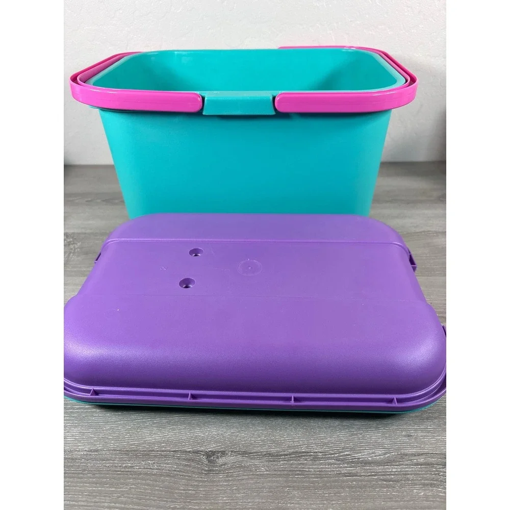 Vintage Eagle Plastic Picnic Basket Craft Storage Box Teal Pink Purple 90s USA